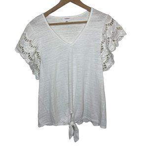 Eyeshadow | White Tie Front Top with Lace Cutout Puff Sleeves | Size L